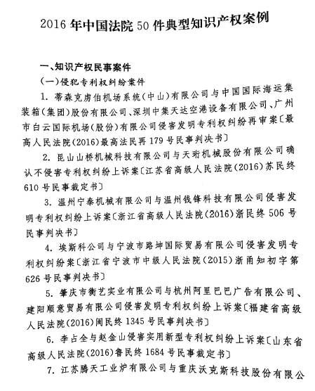 最高人民法院發(fā)布2016年中國(guó)法院50件典型知識(shí)產(chǎn)權(quán)案例