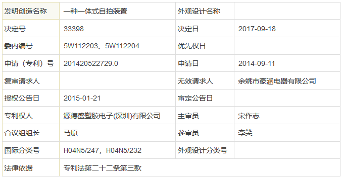 被無效10次還存活的「一種一體式自拍裝置」專利維持決定書