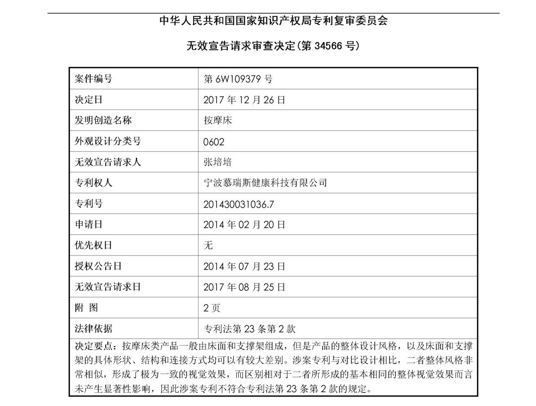 「按摩床」無效宣告請(qǐng)求審查決定書