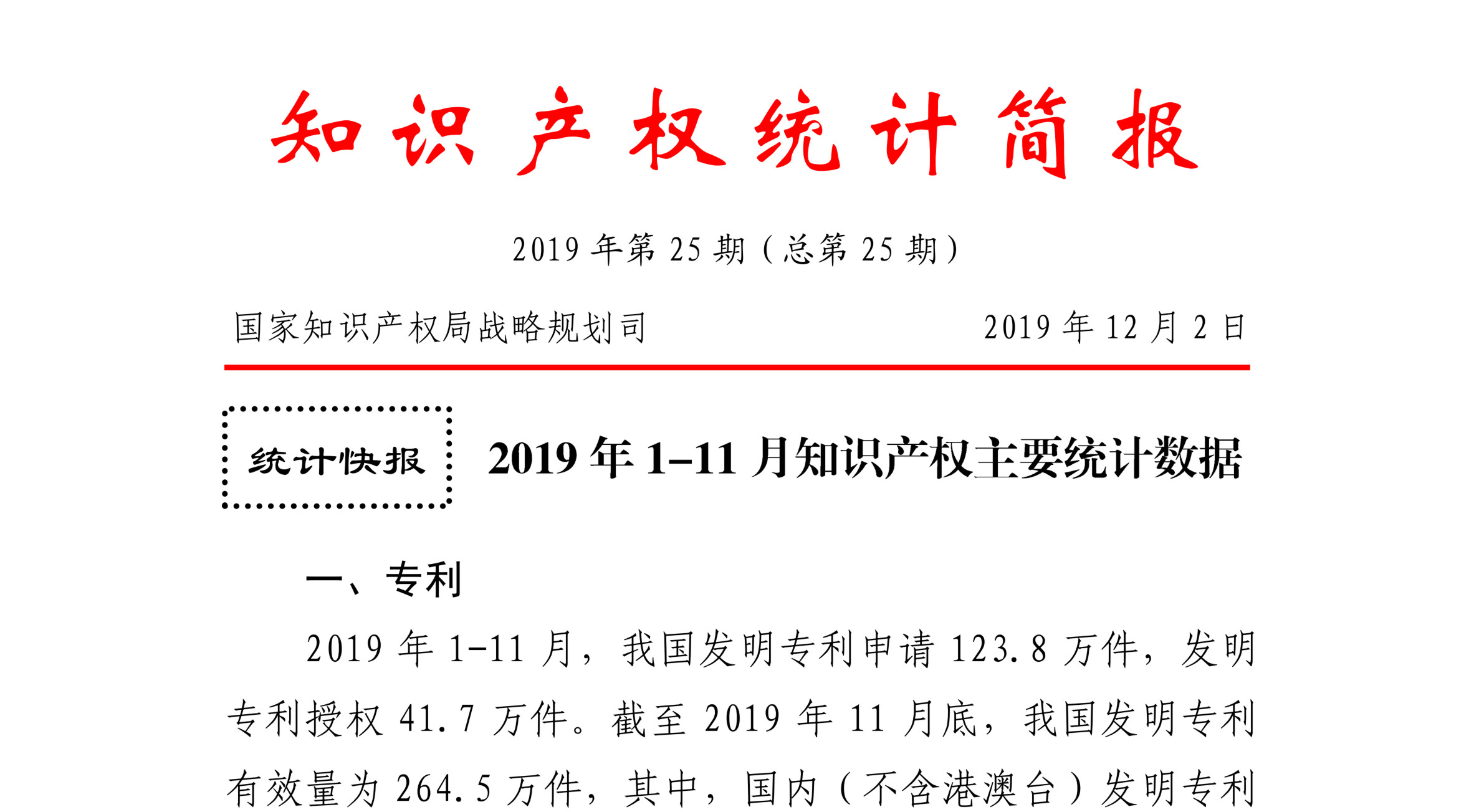 國知局發(fā)布2019年1-11月「專利、商標、地理標志」統(tǒng)計數(shù)據(jù)