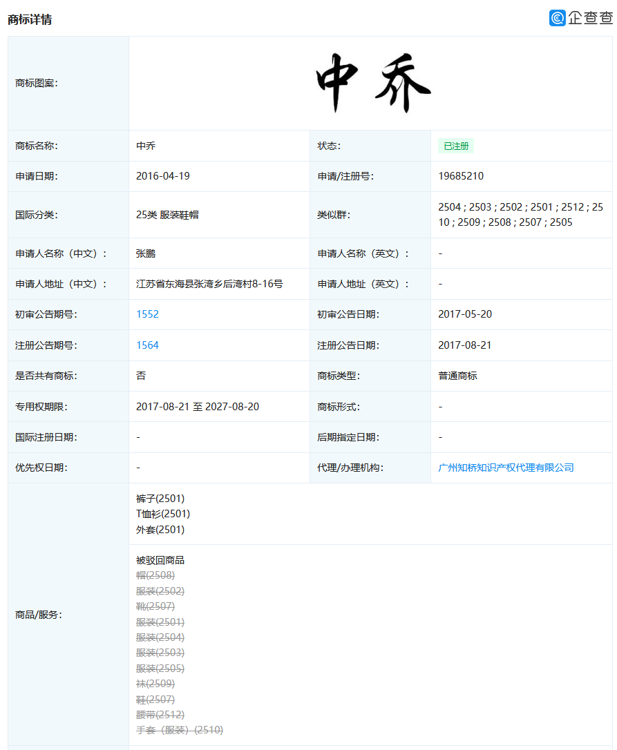 喬丹體育改名中喬體育，第25類“中喬”商標(biāo)已被他人申請(qǐng)？