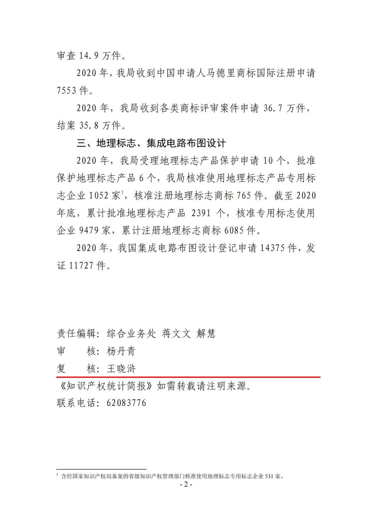 2020年度專利、商標(biāo)、地理標(biāo)志等統(tǒng)計(jì)數(shù)據(jù)簡報(bào)（2021年第一期）