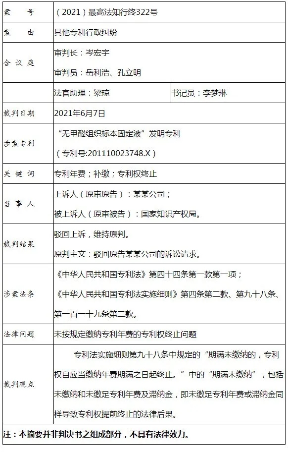 未繳足專利年費(fèi)或滯納金導(dǎo)致專利權(quán)終止，是否合理合法？（附判決書）