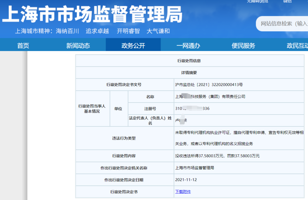 因擅自代理1138件專利申請被沒收違法所得37萬元，并罰款37萬元！