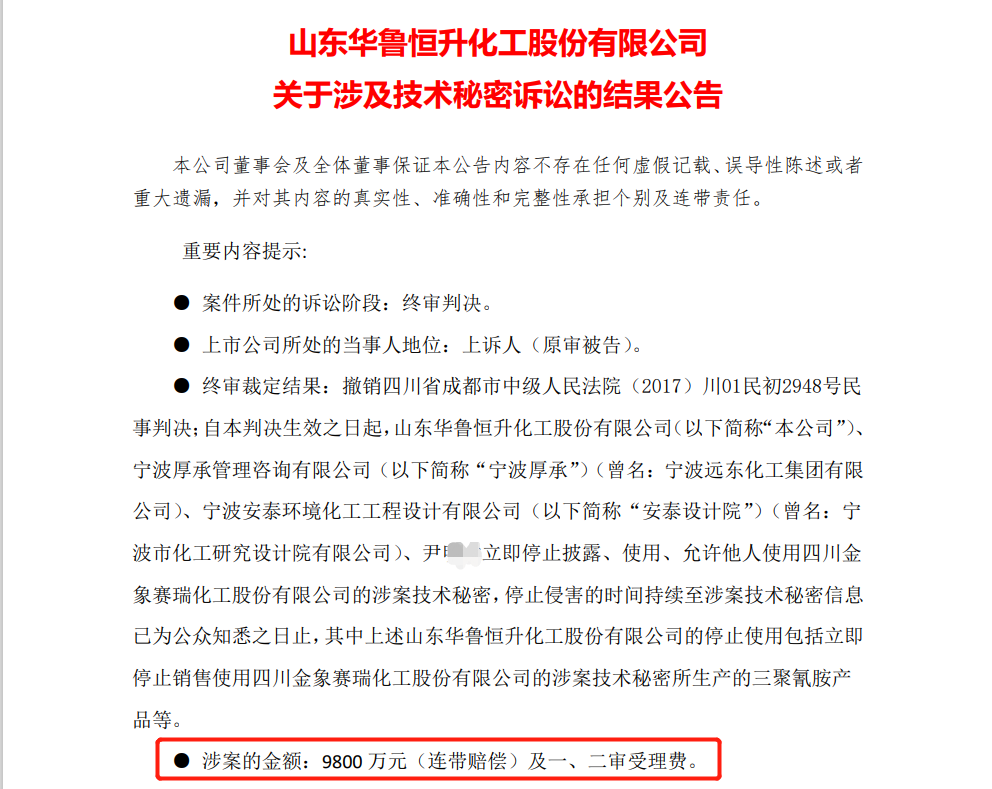 終審判賠共2.18億元，華魯恒升與金象賽瑞的兩起知識(shí)產(chǎn)權(quán)糾紛塵埃落定