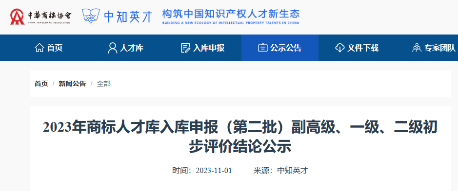 2023年商標人才庫入庫申報（第二批）副高級98人，一級634人，二級665人丨附名單