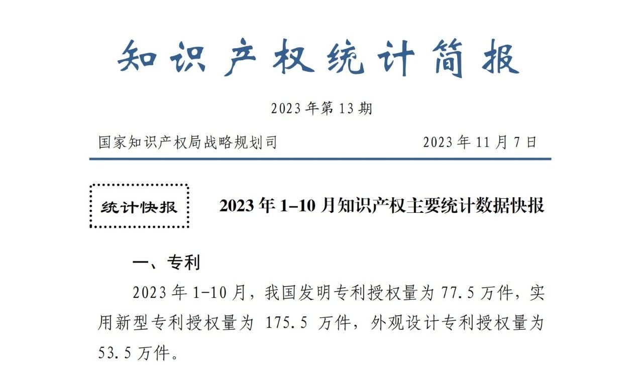 2023年1-10月專利、商標(biāo)、地理標(biāo)志等知識產(chǎn)權(quán)主要統(tǒng)計數(shù)據(jù) | 附數(shù)據(jù)詳情