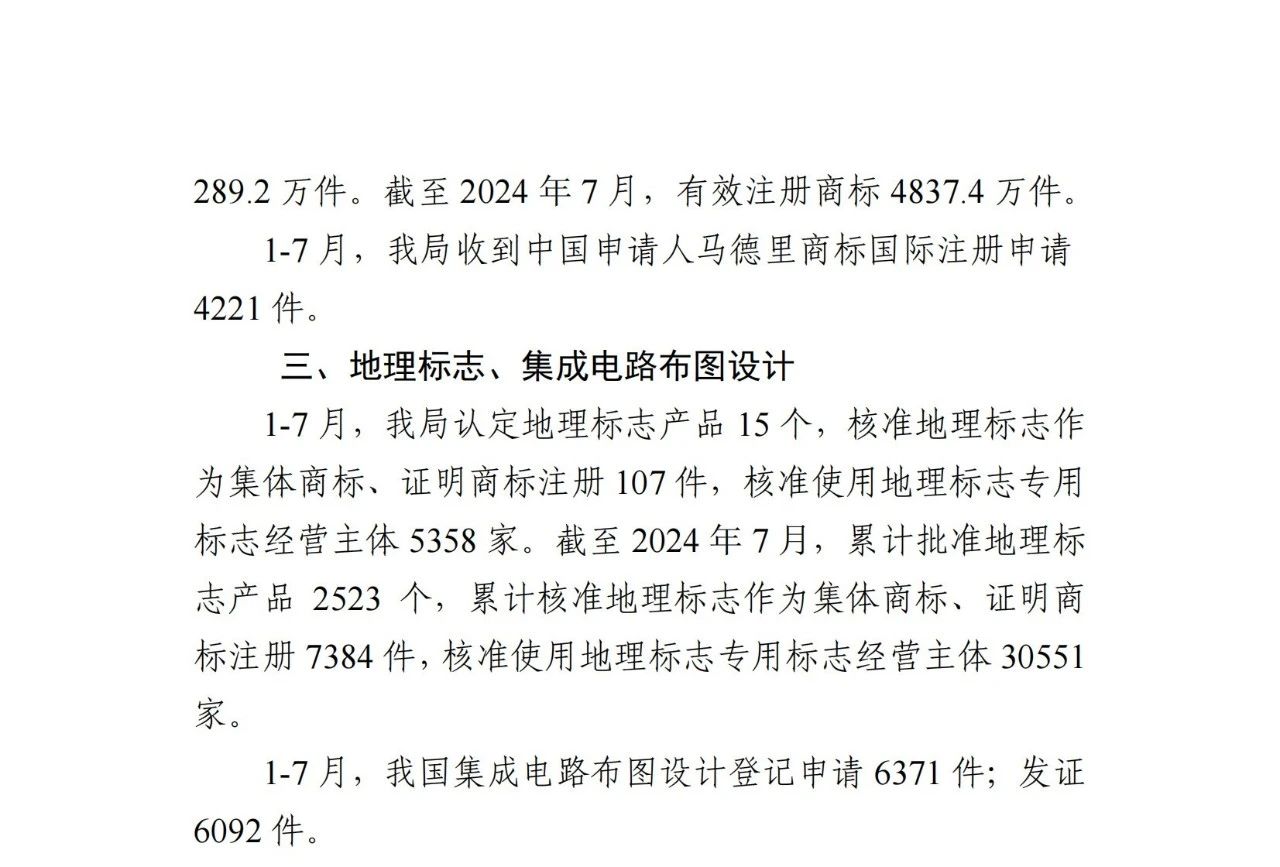 2024年1-7月專利、商標(biāo)、地理標(biāo)志等知識(shí)產(chǎn)權(quán)主要統(tǒng)計(jì)數(shù)據(jù) | 附數(shù)據(jù)詳情