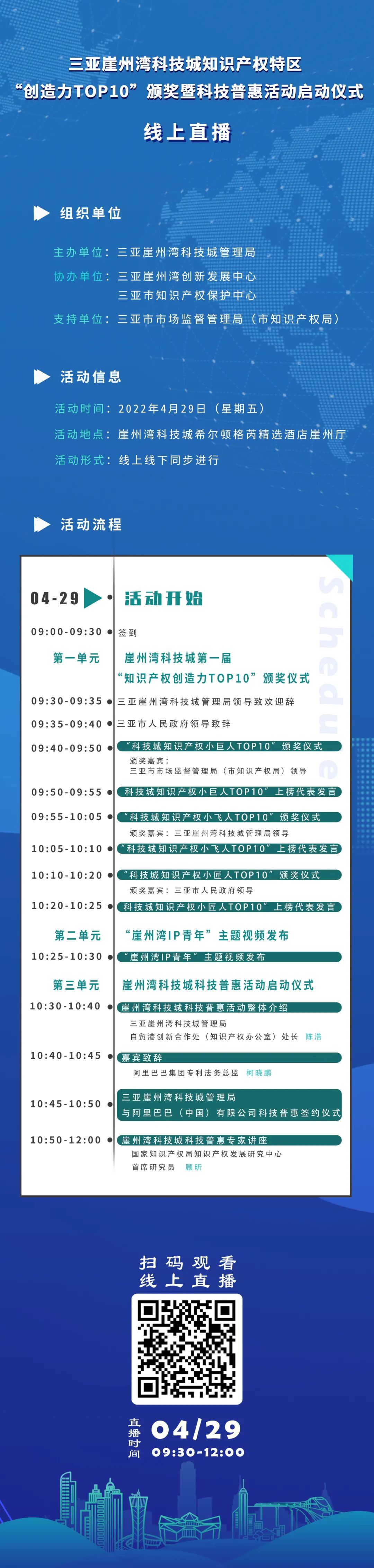 今日9:30直播！三亞崖州灣科技城知識產(chǎn)權(quán)特區(qū)“創(chuàng)造力TOP10”頒獎暨科技普惠活動啟動儀式來了